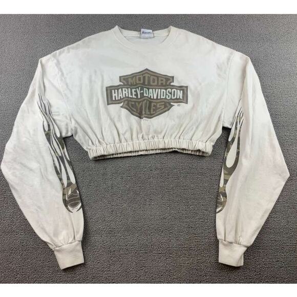 VTG Harley Davidson Cropped Graphic Shirt Size Small Camo Flames Tulsa Oklahoma - Picture 1 of 11